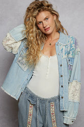 POL Printed Woven Mix Raw Hem Jacket with Lace Detail OutfitFlow